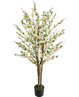 De Kunstplant Kersenbloesem 150 cm crème heeft meerdere bruine stammen, groene bladeren en trossen kleine witte bloemen in een kunstboom in pot tegen een effen witte achtergrond.