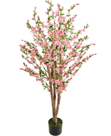 De Kunstplant Kersenbloesem 150 cm roze is een kunstmatige kersenbloesemboom met meerdere bruine stammen, roze bloemen en groene bladeren, afgebeeld tegen een effen witte achtergrond.