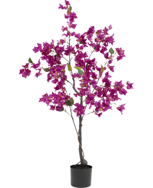 Artificiell Bougainvillea 125 cm Lila har livfulla lila blommor och frodiga gröna blad på flera grenar, vilket gör den till en färgstark konstgjord växt som är idealisk för att lysa upp alla inomhusutrymmen.