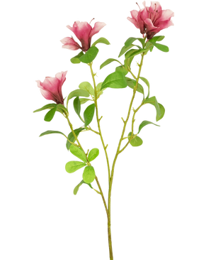 Een enkele Kunstbloem Rododendron Azalea 73 cm fuchsia steel met drie bloeiende roze bloemen en meerdere groene bladeren op een witte achtergrond.