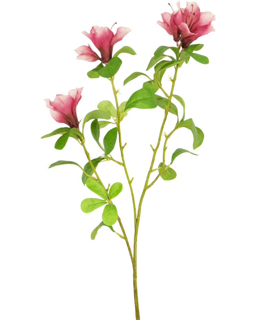 En enda konstgjord blomma Rhododendron Azalea 73 cm fuchsia stjälk med tre blommande rosa blommor och flera gröna blad på vit bakgrund.