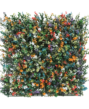 Artificiell Hedge Buxbom flerfärgad 50x50 cm UV är en fyrkantig panel av tät konstgjord buxbom med små blad och klasar av orange, vita, röda, gula, lila och blå blommor på en grön plastrutnätsbakgrund.