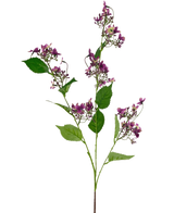 De Kunstbloem Wilde Hortensia 86 cm paars heeft een enkele steel met trossen kleine paarse bloemen en groene bladeren, tegen een witte achtergrond.