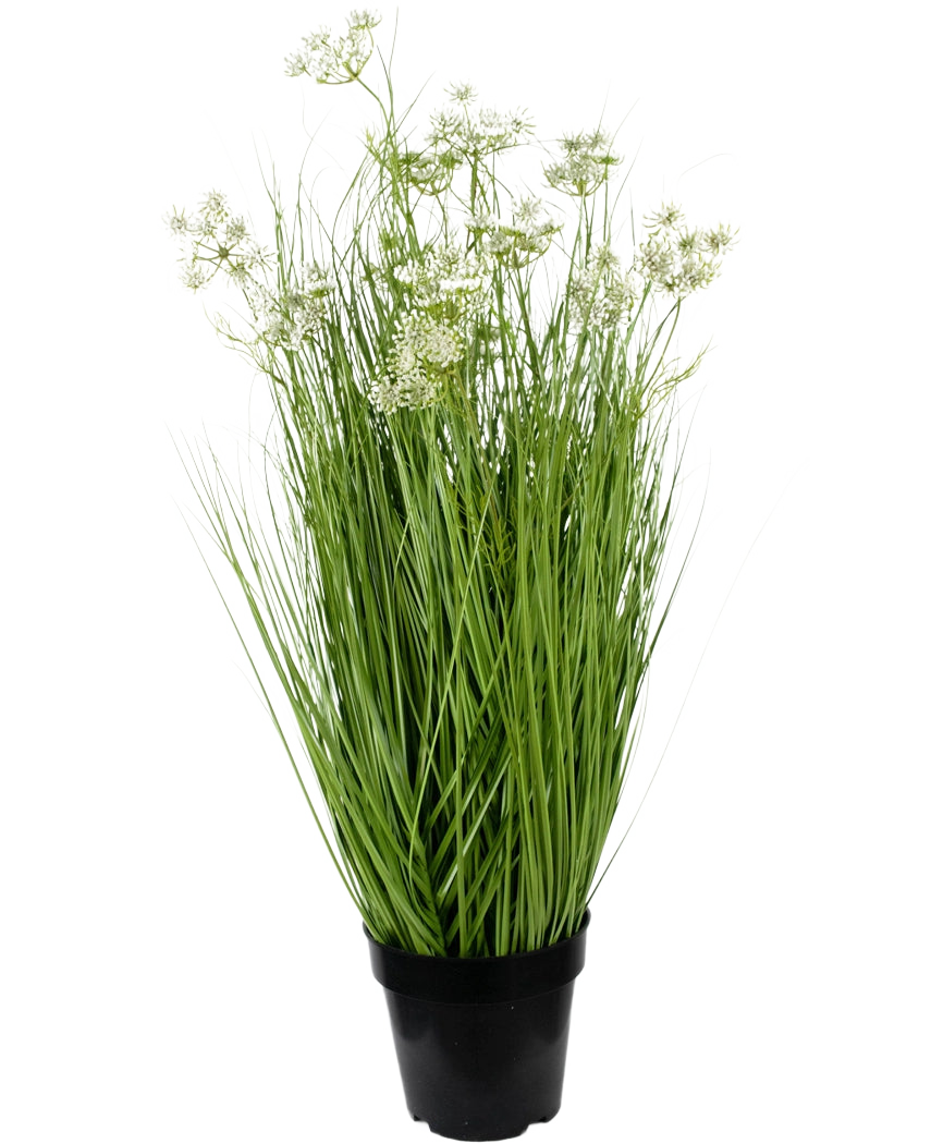 Den konstgjorda gräsrotsblommor Lökgräs 90 cm Brandskyddsmedlet har långa, smala gröna blad och fina vita blomklasar i en kruka, mot en vanlig vit bakgrund.
