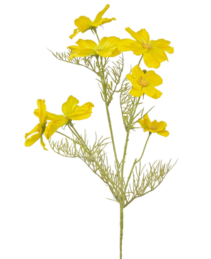 De Kunstbloem Cosmos 74 cm geel heeft heldergele bloemen en delicate, vederlichte groene bladeren op slanke stelen - perfect om een boeket te maken tegen een effen witte achtergrond.
