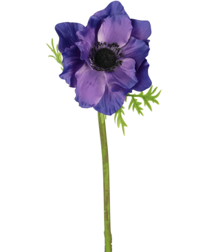 Den konstgjorda blomsteranemonen 43 cm lila har ett mörkt hjärta, ömtåliga gröna blad och en lång grön stjälk, som bildar en slående kontrast mot den enkla vita bakgrunden.