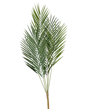 De Kunstpalm Chamaedorea 78 cm heeft lange, slanke groene palmbladeren met puntige uiteinden aan meerdere dunne stelen, tegen een effen witte achtergrond.