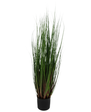 Konstgräsplantan Lök 90 cm brandskyddsmedel är ett prydnadsgräs i kruka med långa, tunna gröna blad som är rödlila i botten, mot en vanlig vit bakgrund.