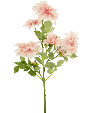 Artificiell Blomma Dahlia 68 cm rosa har en enda grön stjälk med flera ljusrosa dahliablommor och gröna blad, mot en vanlig vit bakgrund.