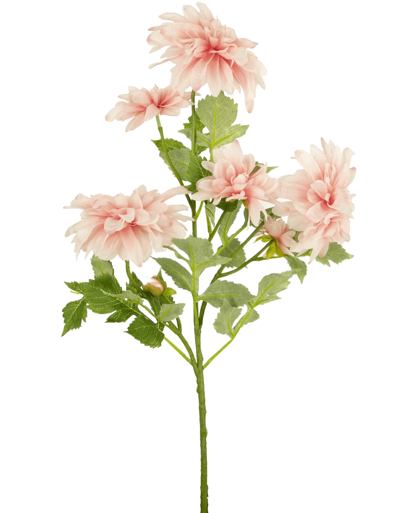 Artificiell Blomma Dahlia 68 cm rosa har en enda grön stjälk med flera ljusrosa dahliablommor och gröna blad, mot en vanlig vit bakgrund.