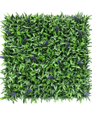 De Kunsthaag Lavendel 50x50 cm UV is een vierkant kunstgroen bladerpaneel met kleine trosjes paarse lavendelbloemen, van bovenaf afgebeeld op een witte achtergrond.