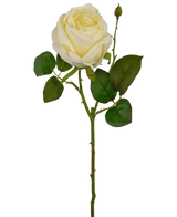 Artificial Rose Deluxe 45 cm vit är en enda vit konstgjord ros med gröna blad och en liten knopp på en lång stjälk, mot en vanlig vit bakgrund.