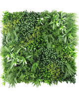 Artificiell Hedge Freshness 100x100 cm UV är en fyrkantig panel tätt täckt med olika gröna blad, med olika bladformer och texturer för att skapa en frodig, levande vertikal trädgård mot en vit bakgrund.