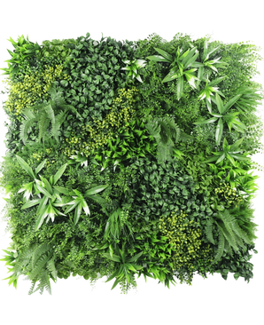 Artificiell Hedge Freshness 100x100 cm UV är en fyrkantig panel tätt täckt med olika gröna blad, med olika bladformer och texturer för att skapa en frodig, levande vertikal trädgård mot en vit bakgrund.