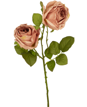 De Kunstroos Deluxe 55 cm roze heeft twee rozebruine kunstrozen met groene bladeren op een enkele steel, die een opvallend contrast vormen tegen een effen witte achtergrond.