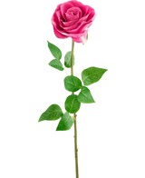 Artificial Rose Real Touch 56 cm ros har en enda rosa konstgjord ros med naturtrogna gröna blad på en lång stjälk, mot en vanlig vit bakgrund.