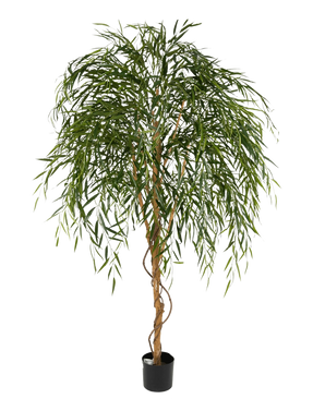 Det konstgjorda pilträdet 210 cm är ett högt konstgjort träd med smala, hängande gröna löv och en vriden brun stam mot en vanlig vit bakgrund.