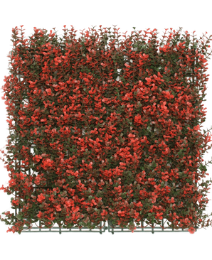 Artificiell Hedge Buxbom röd 50x50 cm UV är en fyrkantig konstgjord grön panel med täta små gröna blad och röda blomklasar, idealisk för dekoration eller avskildhet.