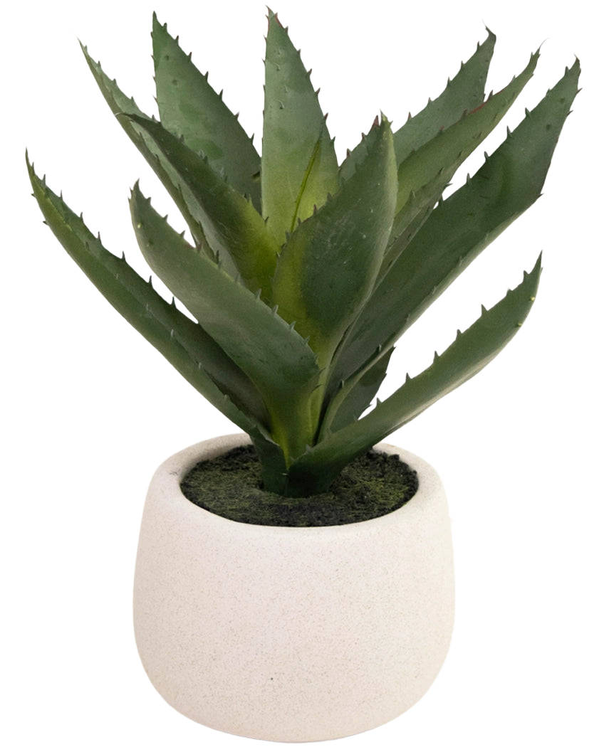 Den konstgjorda växten Aloe Vera 28 cm kommer i en enkel, rund kruka av vit keramik, med naturtrogna gröna, taggiga blad mot en vanlig vit bakgrund.