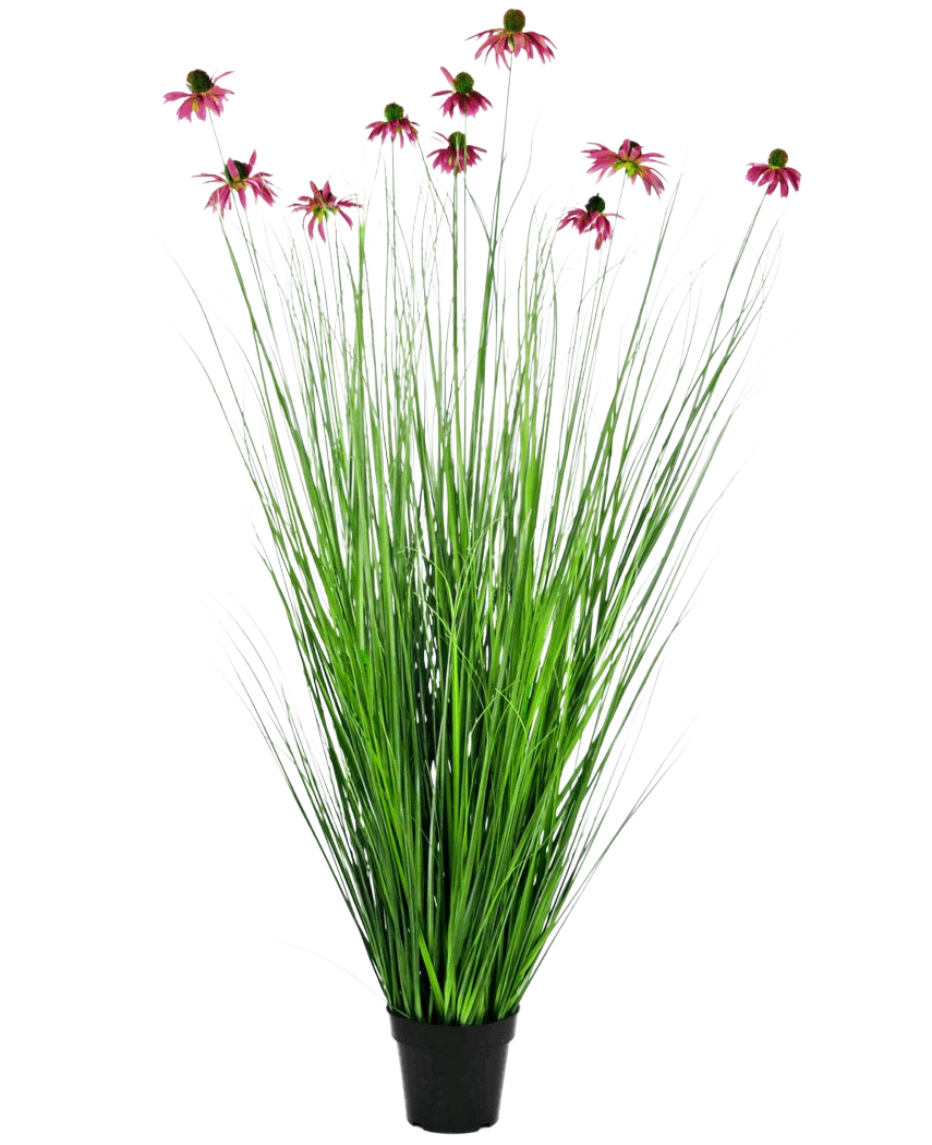 Konstgräsväxten Chrysanthemum 150 cm brandskyddsmedel har långa, tunna gröna gräsliknande blad och långa stjälkar med rosa tusensköna-liknande blommor, presenterade i en kruka mot en vanlig vit bakgrund.
