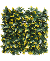 Artificiell Hedge Photonia gul 50x50 cm UV har täta, fyrkantiga paneler av konstgjorda gröna och gulbrokiga blad för ett frodigt, livligt utseende. Rasterskiktet är delvis synligt bakom bladverket för enkel installation.