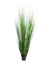 Konstgräsplantan Lök 170 cm är en hög, brandhämmande konstgräsplanta med långa tunna gröna blad i en kompakt svart kruka, avbildad mot en vanlig vit bakgrund.