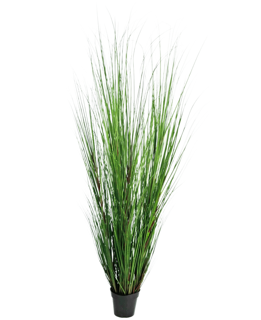 Konstgräsplantan Lök 170 cm är en hög, brandhämmande konstgräsplanta med långa tunna gröna blad i en kompakt svart kruka, avbildad mot en vanlig vit bakgrund.