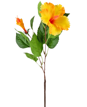 Den konstgjorda blomman Hibiscus 64 cm gul har en enda stjälk med levande gula hibiskusblommor och gröna blad, avbildade mot en vit bakgrund.