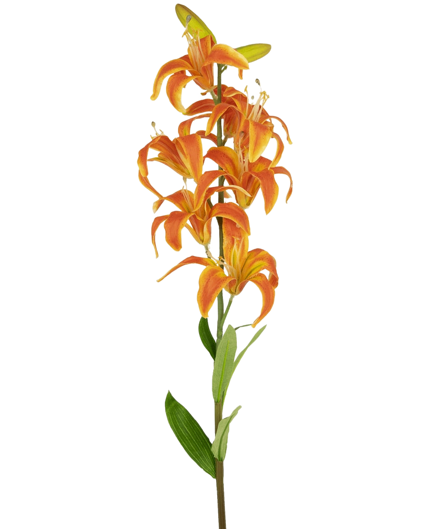 Artificiell blomma Martagon Lily 78 cm orange har en enda stjälk med flera levande orange lilja blommor och gröna blad, mot en vanlig vit bakgrund.