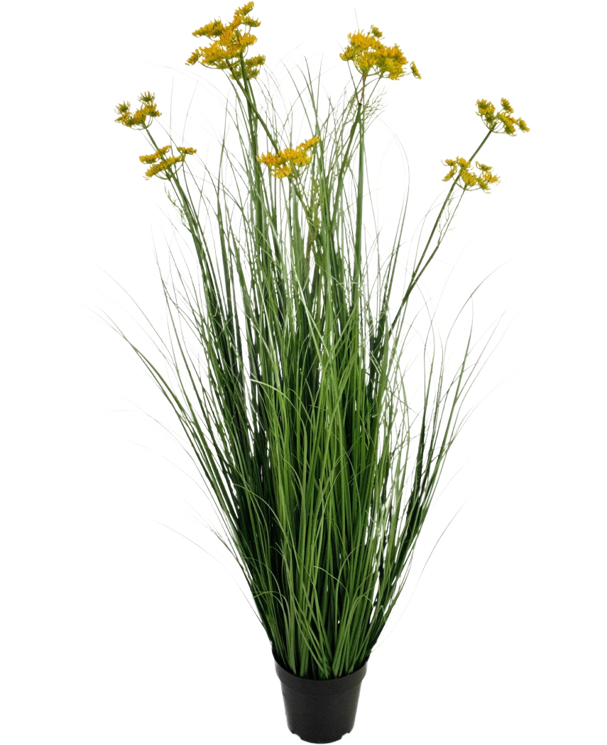 Konstgräsrotsblomma Lökgräskruka 120cm är en brandskyddande konstgjord växt i kruka med långa gröna gräsliknande blad och klasar av små gula blommor, isolerade på en vit bakgrund.