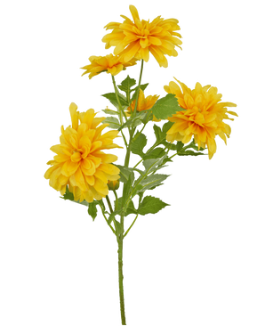 En enda orange konstgjord Dahlia 60 cm stjälk med gröna blad mot vit bakgrund.