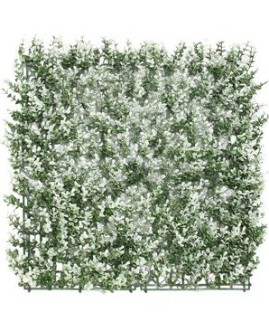 De Kunsthaag Buxus wit 50x50 cm UV is een vierkant kunst buxuspaneel met kleine witgetipte blaadjes op een kunststof rooster, afgebeeld op een witte achtergrond.