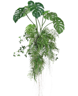 Den konstgjorda hängande växten Monstera/Fern Ball 100 cm XL har frodiga gröna monsterablad och ormbunkar med långa, släpande rankor och rötter, perfekt för att lägga till grönska till alla utrymmen mot en vit bakgrund.