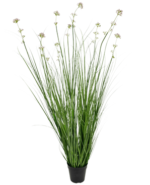 Konstgräs purjolök blomlök gräskruka 120 cm brandskyddsmedel har långa gröna gräsliknande löv och långa stjälkar med ljuslila blomklasar, perfekt för att lägga till naturtrogen grönska till alla utrymmen.