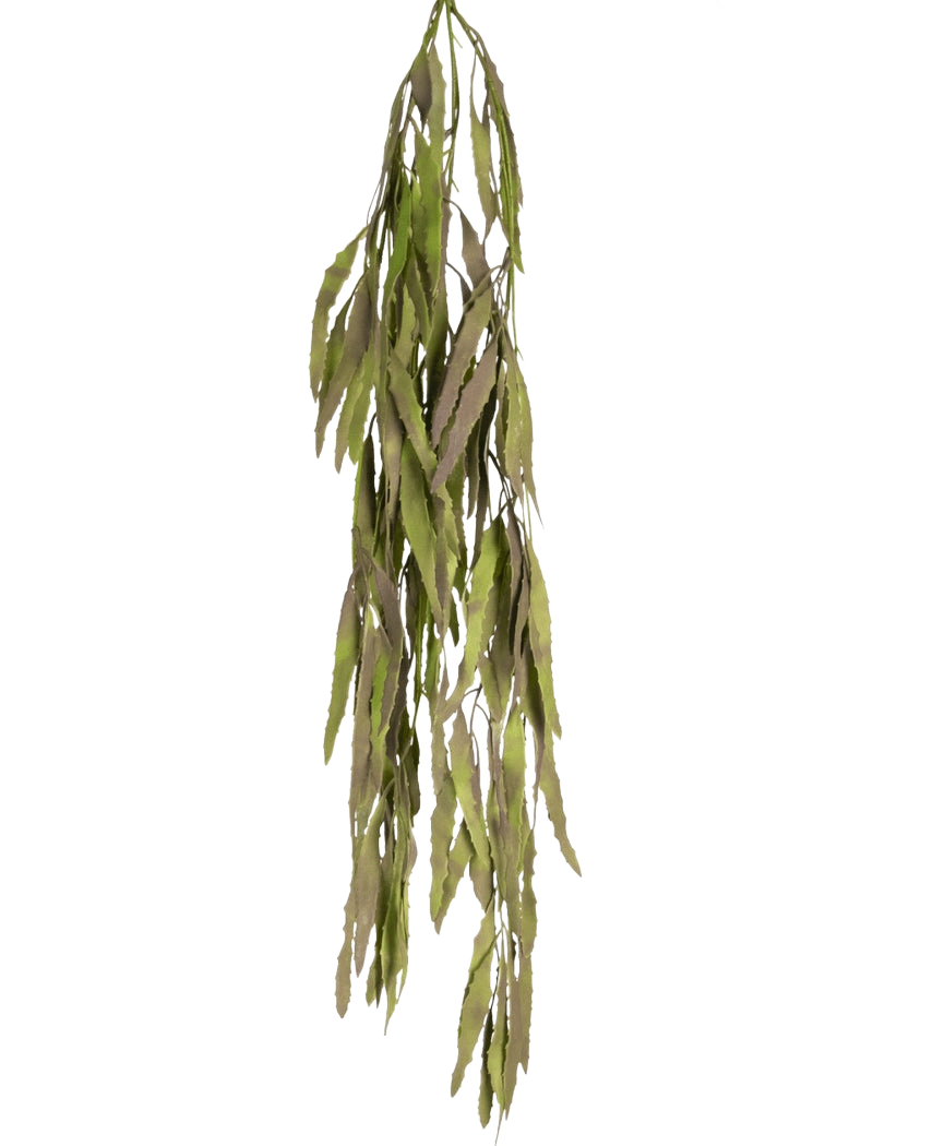 Den konstgjorda hängande växten Aloe Vera 102 cm har långa, smala gröna blad med tandade kanter som faller ner mot en vanlig vit bakgrund.