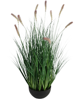 Artificiellt gräs Caterpillar Onion Grass Bonsai är en 70 cm hög, brandhämmande konstgräsplanta med smala gröna blad och ljusbruna blompiggar i en rund svart kruka, perfekt för en stilfull inredning.