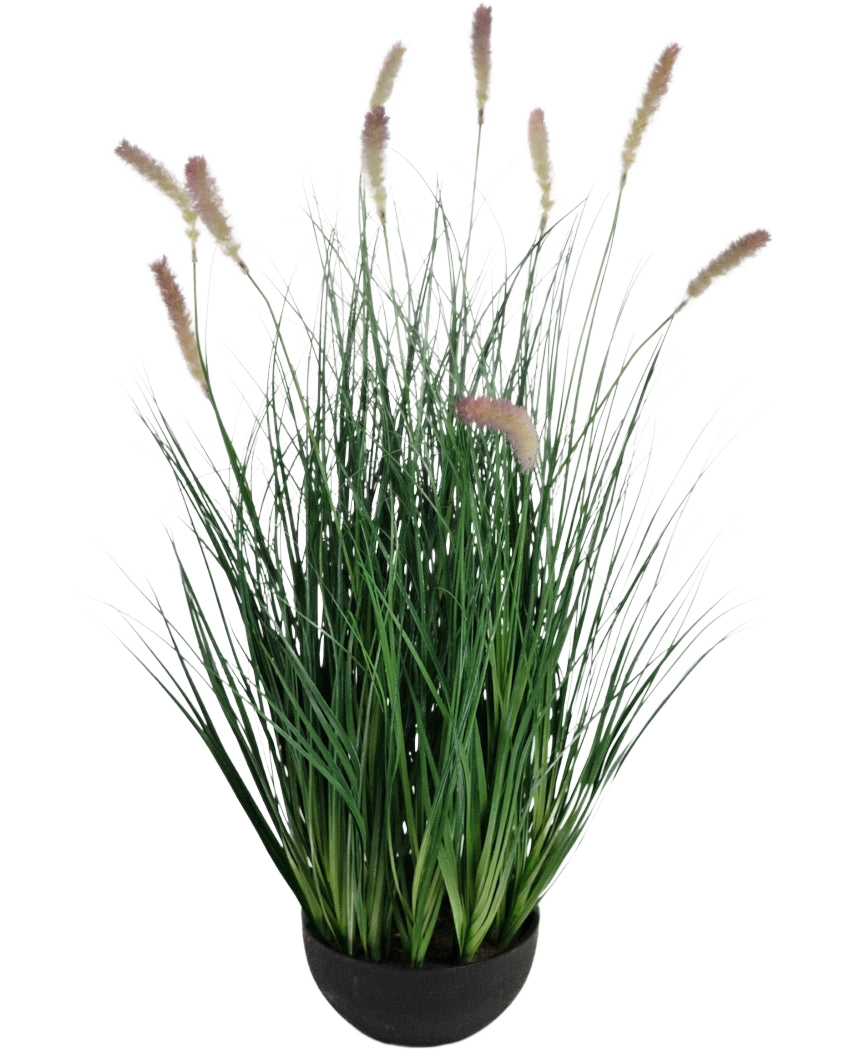 Artificiellt gräs Caterpillar Onion Grass Bonsai är en 70 cm hög, brandhämmande konstgräsplanta med smala gröna blad och ljusbruna blompiggar i en rund svart kruka, perfekt för en stilfull inredning.