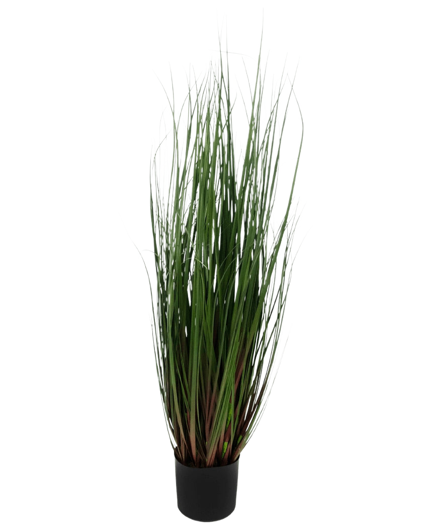 Konstgräsplantan Lök 90 cm brandskyddsmedel är ett prydnadsgräs i kruka med långa, tunna gröna blad som är rödlila i botten, mot en vanlig vit bakgrund.