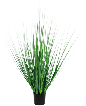Konstgräsväxtlök 100 cm brandskyddsmedel har en svart kruka med täta, upprättstående, smala gröna gräsliknande löv, perfekt för att sätta en modern touch till alla utrymmen.