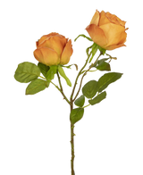 Artificiell Rose Deluxe 55 cm persika har två persikofärgade konstgjorda rosor på en stjälk med gröna blad, perfekt för blomdekoration eller som eleganta konstgjorda sidenblommor.