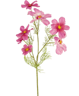 En enda artificiell blomma Cosmos 74 cm fuchsia med känsliga, fjäderlika blad och flera fuchsiablommor med gula mittpunkter visas mot en vanlig vit bakgrund.