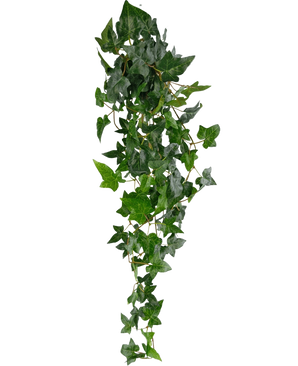 Den konstgjorda hängande växten Ivy Boston 100 cm grön har frodiga gröna spetsiga blad på långa, tunna stjälkar, vilket skapar en realistisk eftersläpande murgrönaeffekt mot en vanlig vit bakgrund.