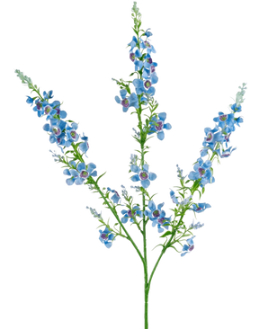 Den konstgjorda blomma kattmyntan 75 cm blå har en enda grön stjälk som förgrenar sig i tre, var och en med klasar av små, levande blå blommor med en lila mitt och gröna blad, mot en vanlig vit bakgrund.
