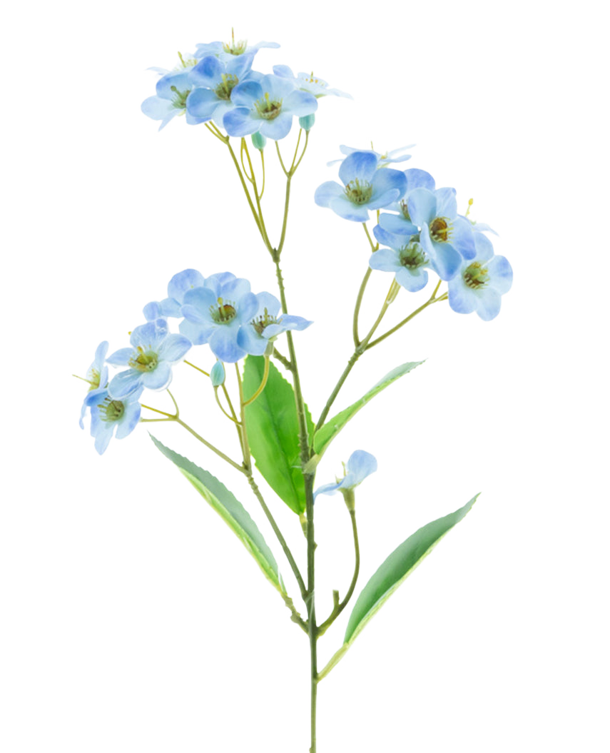 En konstgjord blomorkidé Real Touch Blue 50 cm med klasar av fina ljusblå blommor och några gröna blad står mot en vanlig vit bakgrund.