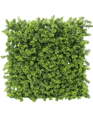 De Kunsthaag Moss 50x50 cm UV is een dicht vierkant paneel van kunstmatig groen gebladerte met kleine bladertakjes, van bovenaf afgebeeld op een witte achtergrond.