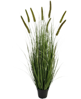 Konstgräs Cattail Onion Grass Pot 120 cm brandskyddsmedel är ett prydnadsgräs i en kruka med långa, tunna gröna blad och flera höga, upprättstående fröhuvuden, mot en vanlig vit bakgrund.