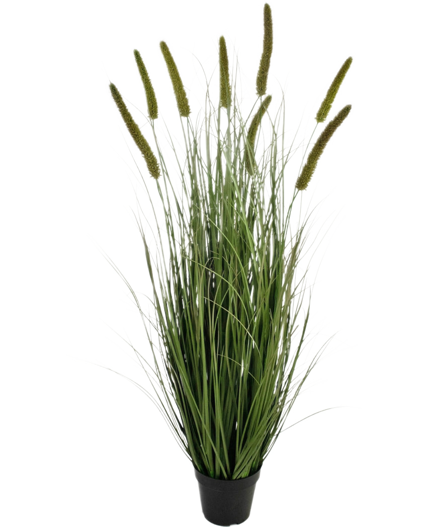 Konstgräs Cattail Onion Grass Pot 120 cm brandskyddsmedel är ett prydnadsgräs i en kruka med långa, tunna gröna blad och flera höga, upprättstående fröhuvuden, mot en vanlig vit bakgrund.