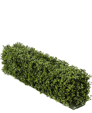 En konstgjord buxbomshäck UV 100x20x25 cm rektangulär häck har täta gröna konstgjorda buxbomsblad mot en vanlig vit bakgrund.