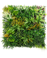 Artificiell Hedge Sherry 100x100 cm UV är en levande vertikal trädgårdspanel med en rad frodiga gröna växter med texturerat lövverk i gröna, gula och röda toner, allt mot en skarp vit bakgrund.