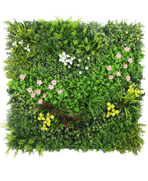 Artificiell Hedge Vitality 100x100 cm UV är en fyrkantig panel med tätt grönt konstgjort blad och spridda klasar av små rosa, gula och vita blommor mot en vit bakgrund.